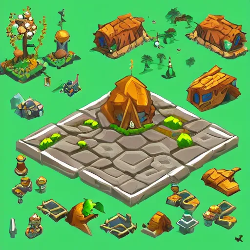 Prompt: A isometric game assets spritesheet from dofus Online, tree of savior and mobile. HD vector Containing modular props, terrain, trees, floor, bricks, platform, vector art, very detailed