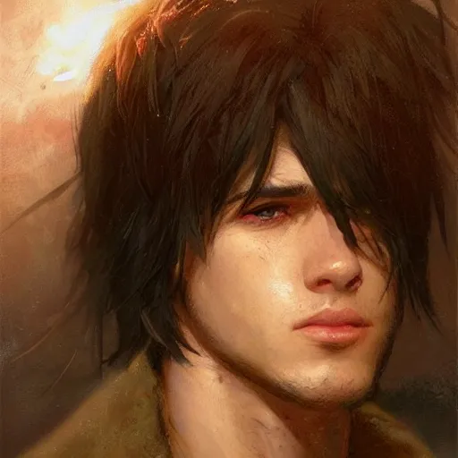 Image similar to A handsome, cute emo guy, close-up portrait illustrated by Gaston Bussiere and Greg Rutkowski, trending on artstation, artstationHD, artstationHQ, artstation digital artwork, photorealistic imagery, photorealistic facial features, intricate, 4k, 8k