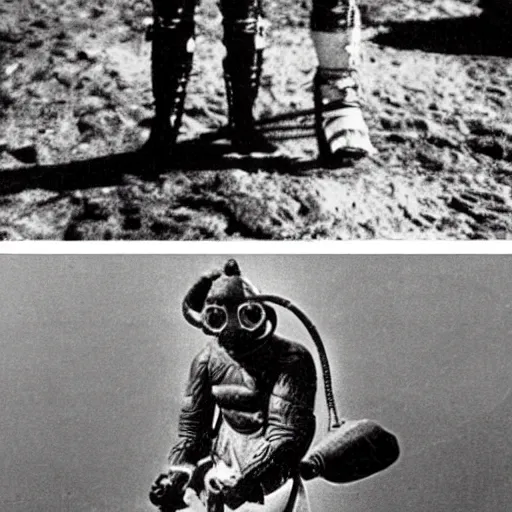 Prompt: detailed photo of a diver wearing an early diving suit. the diver is holding an electric guitar. the diver is on the moon. old diving suit pictures. old diving suit. early diving suit. old diving suit photos. detailed