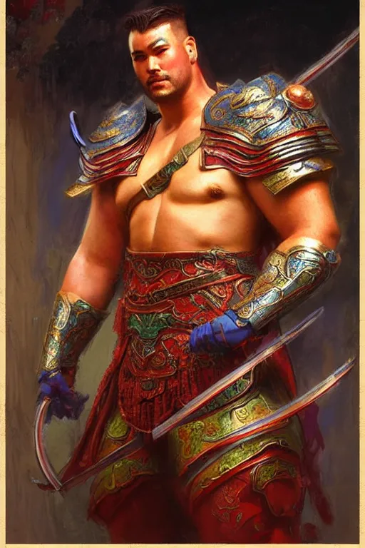 Image similar to attractive beefy male with armor, ming dynasty, character design, colorful, neon lights, painting by gaston bussiere, craig mullins, j. c. leyendecker, tom of finland