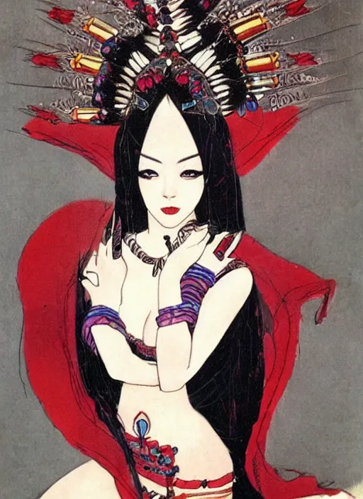 Image similar to junoesque female korean vampiress, jeweled headdress, heavy mascara, strong line, saturated color, beautiful! coherent! by frank frazetta, high contrast, minimalism