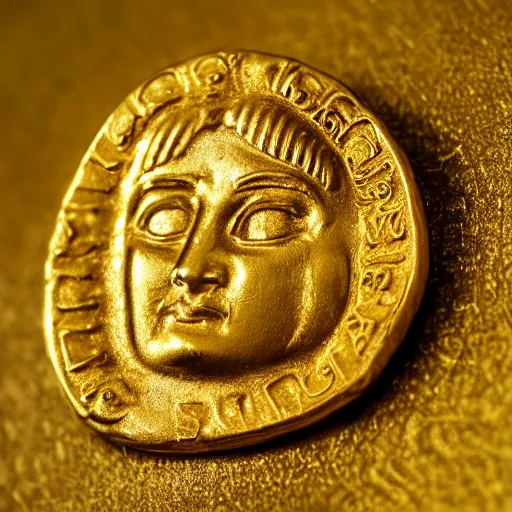 Prompt: an ancient roman gold coin with the face of a modern car, close up photo, ultra realistic, studio photo, bokeh.