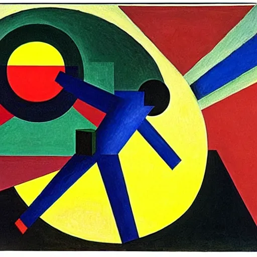 Image similar to melancholic complex suprematism painting of quetzalcoatl working on an sphere machine in height by malevich, throwing hard long shadows in complex construct room by oskar schlemmer, edward hopper vibe, liminal space, oil on canvas