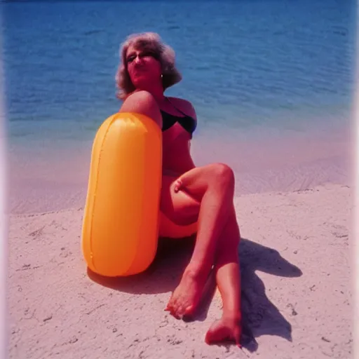 Image similar to A sad woman wearing a happy inflatable toy to the beach, 1980, color film expired film, aged photo, fellini almodovar john waters, wim wenders
