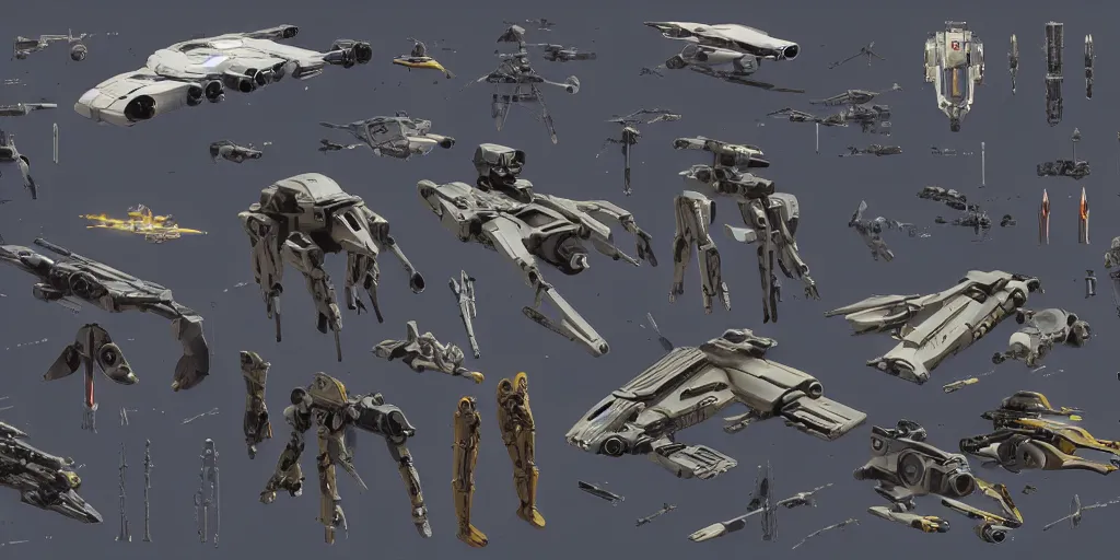 Image similar to collection of futuristic sci - fi props and gadget, moebius, items, hard surface, kitbash, parts, shape and form, in watercolor gouache detailed paintings, star citizen, modular, pieces, golden ratio, weapon, guns, destiny 2, big medium small, insanely details, wes anderson, bungie, star wars, by makoto shinkai, ghibli