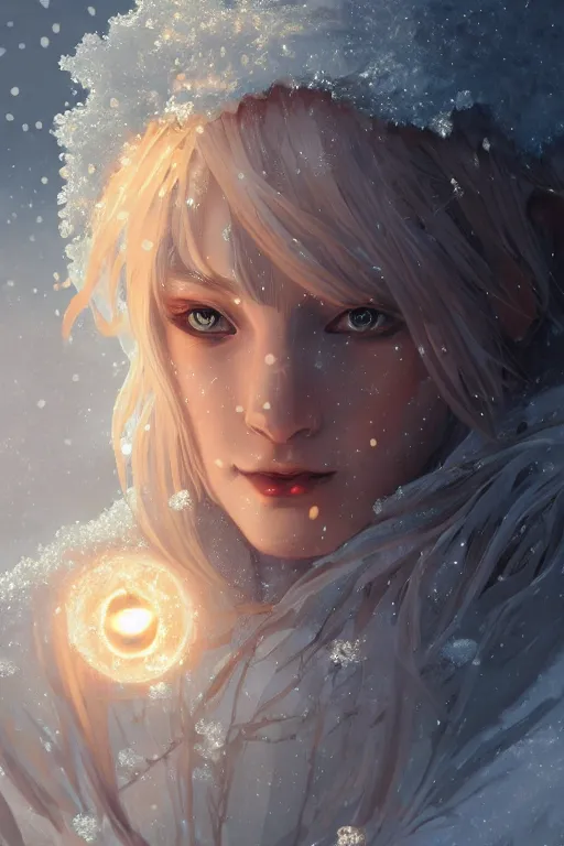 Image similar to beautiful ancient frost witch, eye fire, snow glow, snowfall, highly detailed, digital painting, artstation, sharp focus, illustration, art by tan zi and ayanamikodon and alphonse mucha and wlop