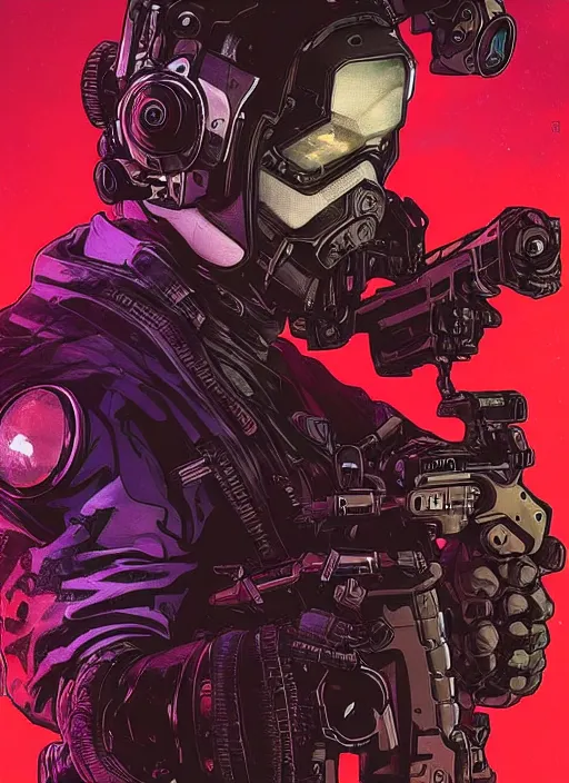 Image similar to cyberpunk blackops commander. cybernetic eyes. night vision. portrait by ashley wood and alphonse mucha and laurie greasley and josan gonzalez and james gurney. spliner cell, apex legends, rb 6 s, hl 2, d & d, cyberpunk 2 0 7 7. realistic face. dystopian setting.