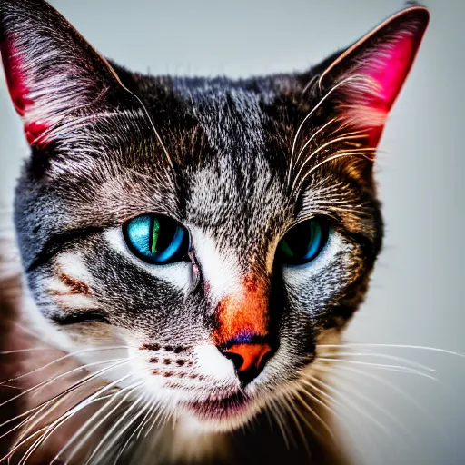 Image similar to photograph of a rainbow cat staring at the camera, shallow focus, wide angle lens, hyper realistic, macro, 8 5 mm