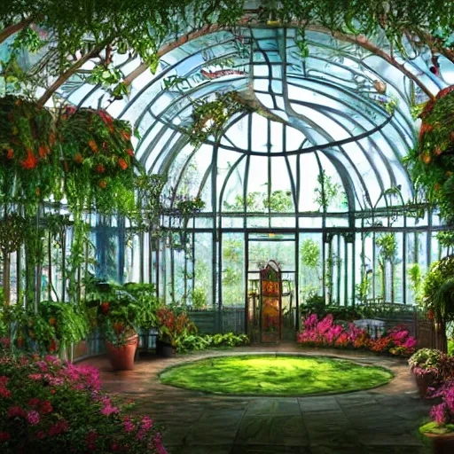 Image similar to a musical bedroom art deco greenhouse. the greenhouse is built into a giant oak tree, ornate, beautiful, atmosphere, vibe, flowers, concept art illustration, greg rutowski, volumetric lighting,