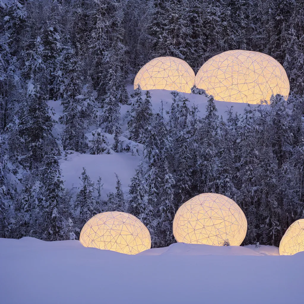 Prompt: A night photo of a glowing inflatable geodesic house made of clear plastic sheeting. The house is made of 3 inflated bubbles. The bubble house glows from within with warm light. The inflated bubble house is at the edge of a snowy winter forest. ultra wide shot, coronarender, 8k, photorealistic