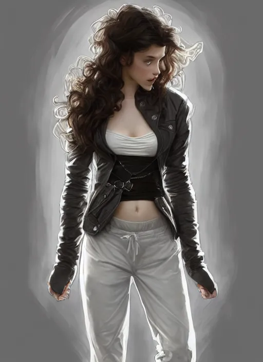 Image similar to girl in very short white! top and very short gray! leather jacket, open belly, long dark curly hair, high waist sweatpants, intricate, elegant, highly detailed, digital painting, artstation, concept art, smooth, illustration, art by artgerm and greg rutkowski and alphonse mucha