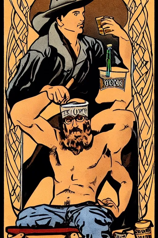 Prompt: a handsome, rugged, shirtless man in a cowboy hat with a stocky build and beer belly sits next to a campfire | homoerotic art | art nouveau, art deco, tarot! card | symmetrical! | trending on artstation