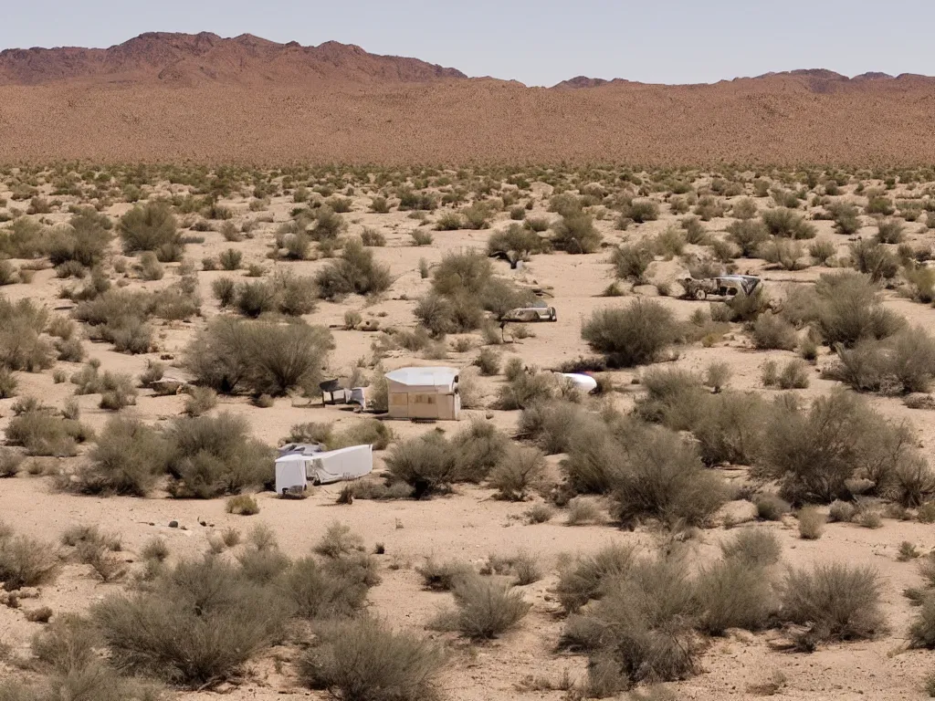 Prompt: Trailer park landscape in the desert near the oasis in style of Alison Elizabeth Taylor