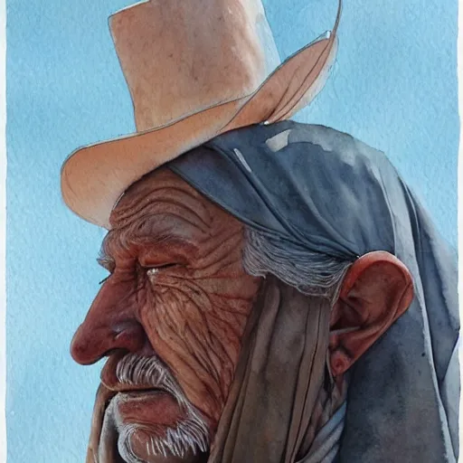 Prompt: a 3 / 4 view watercolor ink painting of old shaman and american man near, old mexican magician closes eyes, gray haired, in the style of jean giraud in the style of moebius trending on artstation deviantart pinterest detailed realistic hd 8 k high resolution