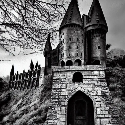 Prompt: ruins of a harry potter universe castle in the evening. a wizard with a dark vibe stands there and summons a portal that would take me back home.