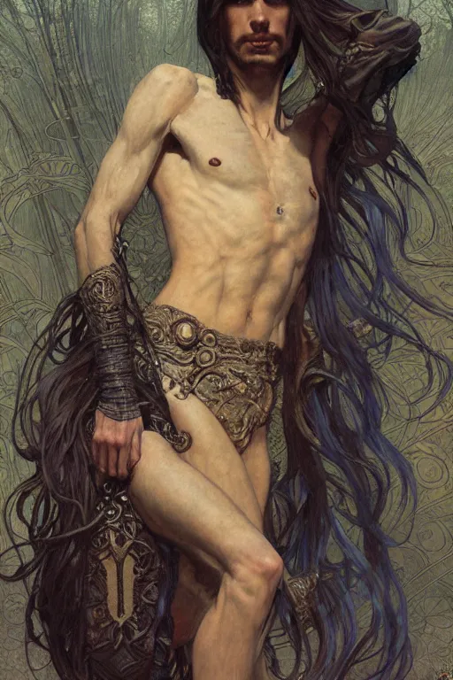 Prompt: skinny male magician, long dark hair, 1920, fantasy, intricate, highly detailed, digital painting, artstation, concept art, smooth, sharp focus, art by art by Artem Demura and Alphonse Mucha, ArtGerm, Valentina Remenar, Gaston Bussiere, Cedric Peyravernay