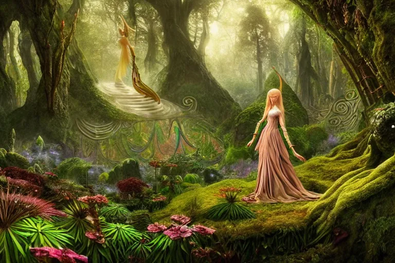 Prompt: a beautiful and highly detailed matte painting of an elven princess in beautiful garden in a mystical forest, psychedelic patterns, celtic designs, intricate details, epic scale, insanely complex, 8 k, sharp focus, photorealism, artstation, cgsociety, by caspar friedrich, albert bierstadt, james gurney, brian froud,