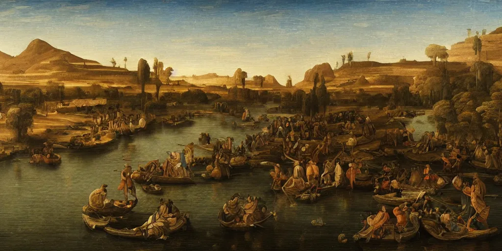 Prompt: Highly detailed and cinematic Renaissance period oil painting of the Nile, an oil painting ((masterpiece)) by ((Josep Tapiró Baró)), dynamic lighting, 8K
