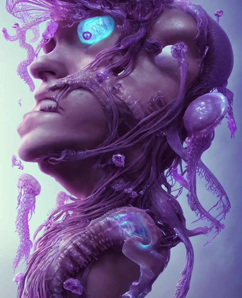 Image similar to goddess close-up portrait human skeleton, ram skull, jellyfish, orchid, betta fish, bioluminiscent, intricate artwork by Tooth Wu and wlop and beeple. octane render, trending on artstation, greg rutkowski very coherent symmetrical artwork. cinematic, hyper realism, high detail, octane render, 8k