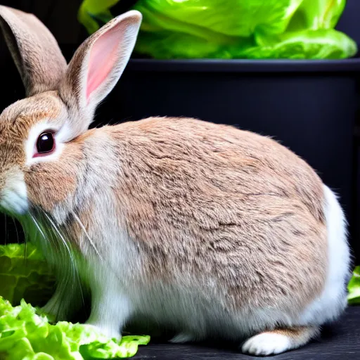 Prompt: Rabbit eating lettuce, half black half white, very furry, pink nose, close up, National Geography , photorealistic, ultra-detailed, 4k high resolution, HDR shot