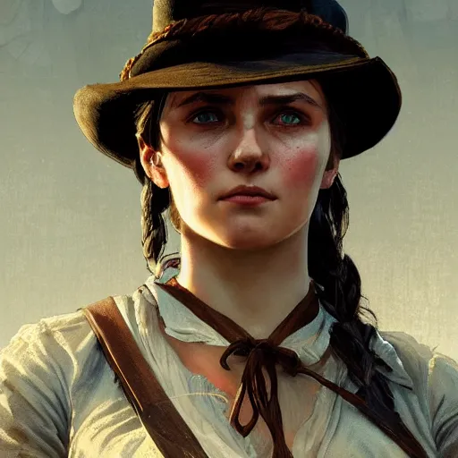 Prompt: A young russian woman as a Red dead redemption 2 loading screen, very detailed face, gorgeous, beautiful, intricate, highly detailed, digital painting, artstation, concept art, sharp focus, illustration, art by greg rutkowski and alphonse mucha