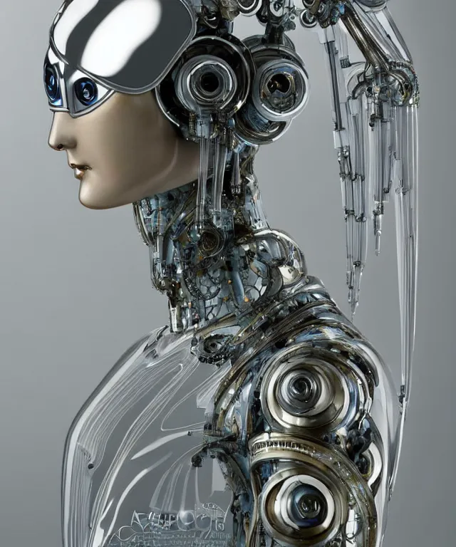 Image similar to beautiful cybernetic art nouveau robot, beautiful art nouveau porcelain face + body is clear plastic, inside organic robotic tubes and parts, front facing, wearing translucent baroque rain - jacket + symmetrical composition + intricate details, hyperrealism, wet, reflections + by alfonse mucha and moebius, no blur dof bokeh