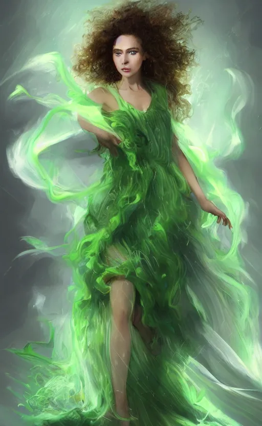 Image similar to a young woman with wild, curly hair and bright green eyes. she's wearing a flowing dress made of light, airy fabric and she has a mischievous look on her face, dynamic lighting, photorealistic fantasy concept art, trending on art station, stunning visuals, creative, cinematic, ultra detailed