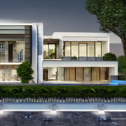 Prompt: elevation of a modern luxurious villa in a rich urban area, photorealist, 4 k