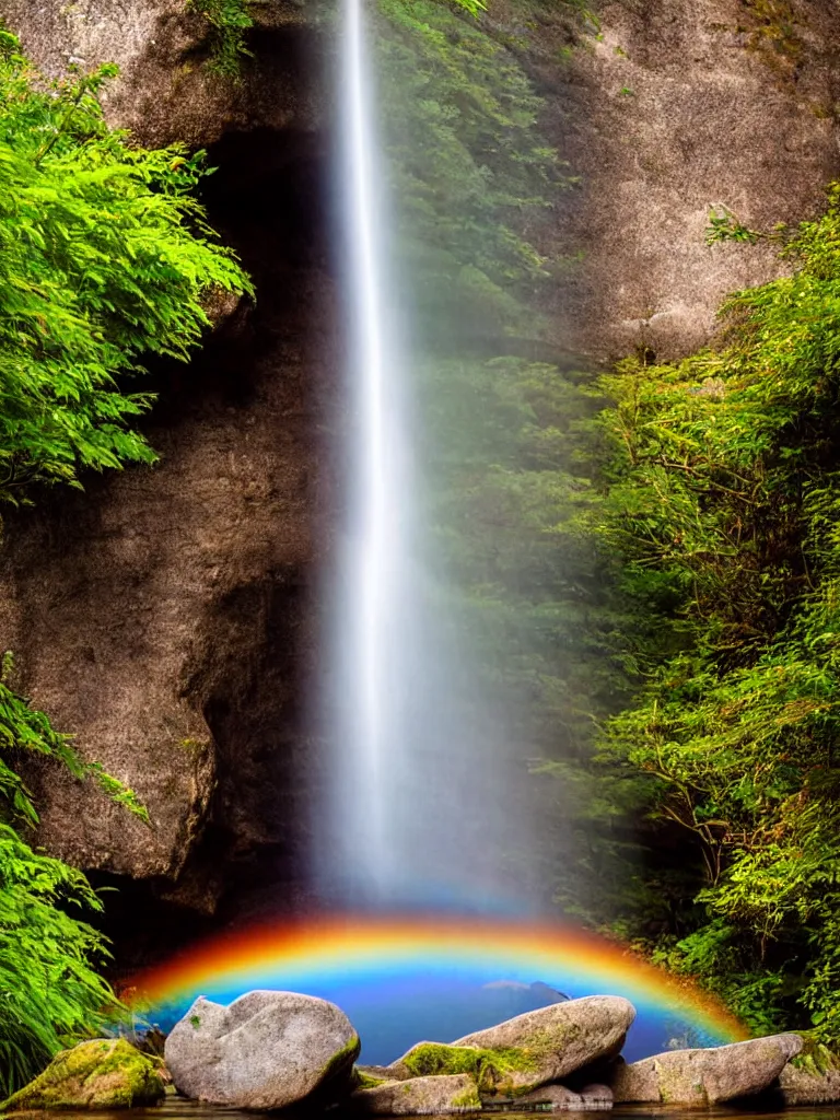 Image similar to artdeco waterfall cascading onto rocks, small rainbow emerging in background, ethereal, beautiful scenery,