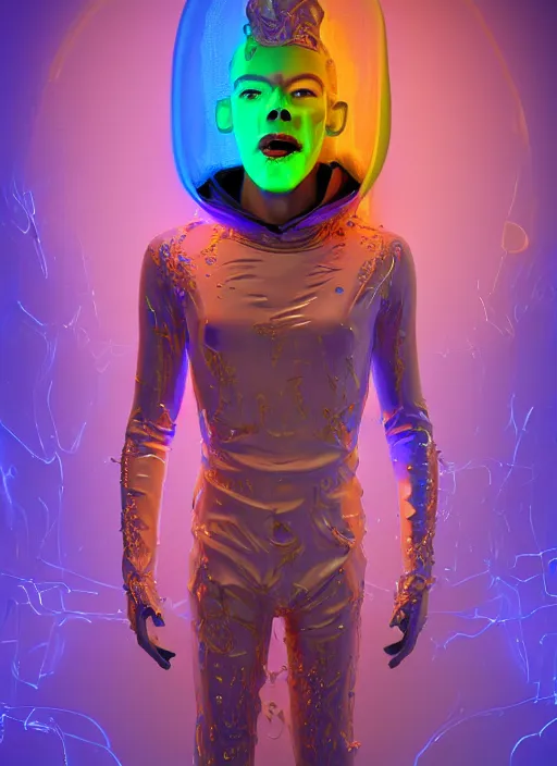 Image similar to photo of fullbodied baroque and bladerunner neon drippy tar sculpture of seductive ceramic albino ceramic prince brian whittaker dotado lavendar iridescent humanoid deity wearing orange plastic fluffy hoody holding diamond skull in a blue alien dungeon, reclining, glowing rainbow face, crown of white diamonds, cinematic lighting, photorealistic, octane render 8 k depth of field 3 d