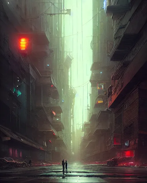 Image similar to professional ominous concept art of a dreary cyberpunk downtown street by artgerm and greg rutkowski. an intricate, elegant, highly detailed digital painting, concept art, smooth, sharp focus, illustration, in the style of simon stalenhag, wayne barlowe, and igor kieryluk.