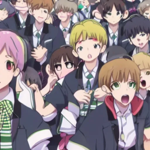 Prompt: a cute anime girl from Blend S surrounded by crowd of boys