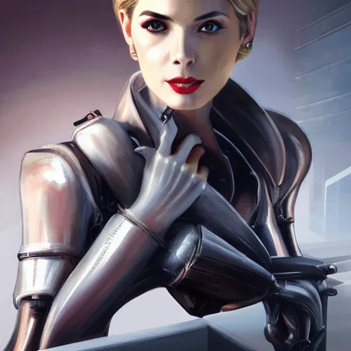 Prompt: A combination of Ada Wong's and Grace Kelly's and Ashley Greene's appearances with blonde hair wearing Warframe armor, high tech, action shot, angular, full body portrait, futuristic, dramatic, fantasy, intricate, elegant, highly detailed, artstation, matte, sharp focus, 8K, art by Donato Giancola and James Gurney