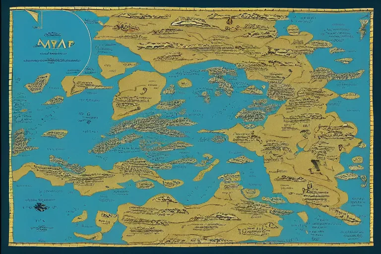 Prompt: Map of a heavenly realm including regional borders and statistics on population for each region, intricately detailed, full color