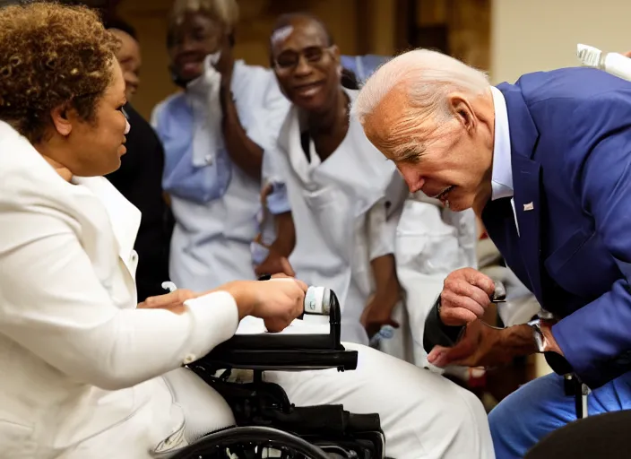 Image similar to Biden in a wheelchair getting spoon-fed by obese black woman, nursing home, award winning cinematic photography, 50 mm, blurred background, trending on twitter