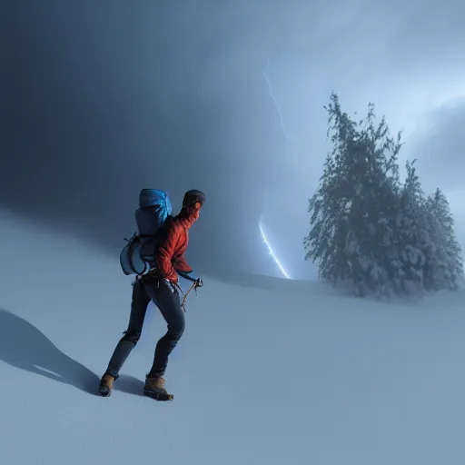 Image similar to climber, extreme cold, storm, octane rendering, volumetric lightning, hyperrealism, no blur, 4 k resolution, ultra detailed