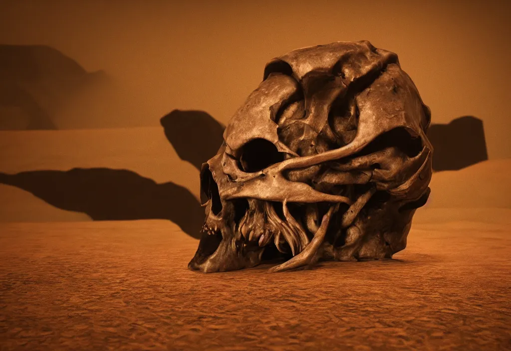 Image similar to eldritch animal alien skull in a dessert in mars, photorealistic, film, cinematic lighting, octane tender, volumetric light, dark - art