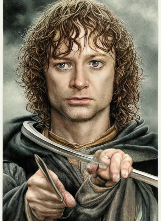 Image similar to portrait of pippin from lord of the rings, beautiful, very detailed, hyperrealistic, medium shot, very detailed painting by Glenn Fabry, by Joao Ruas