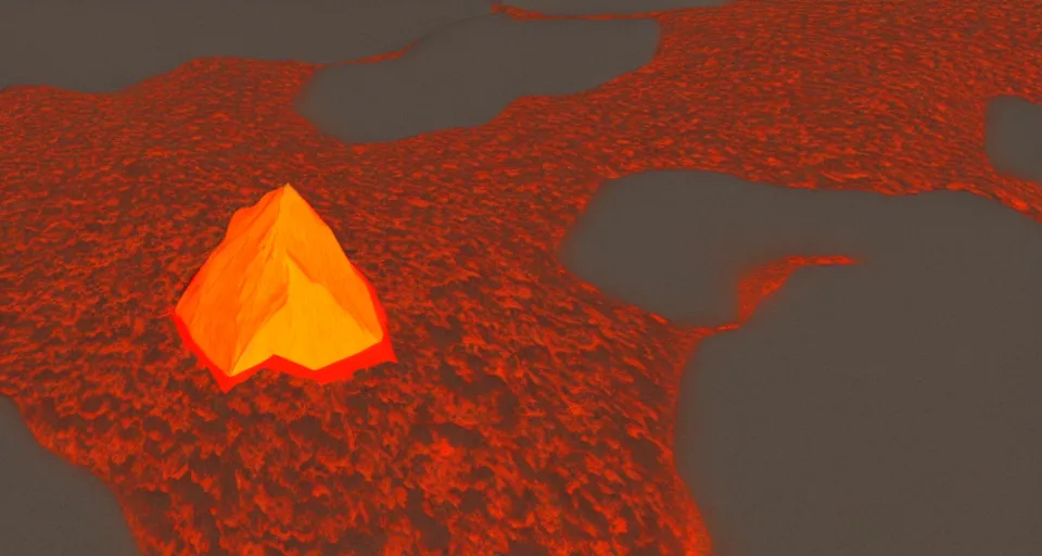 Image similar to low poly unity render of a volcano with glowing orange lava rolling down the side of it, low lighting