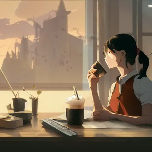 Prompt: beautiful scene render of a hot chocolate drink in a tall glass with cream on top and cocoa powder, desk, monitor, dimly lit bedroom, perfectly shaded, atmospheric lighting, style of makoto shinkai and peter mohrbacher, studio ghibli. artgerm, karol bak, beeple, animation style, 8 k hd, ultra wide angle, hyper detailed