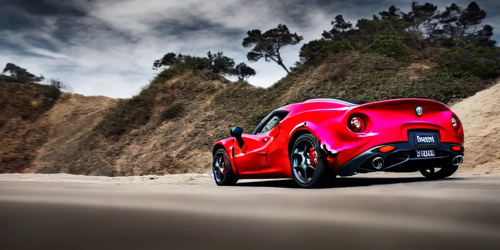 Prompt: Hot Wheels, 2015 Alfa Romeo 4C, cinematic, PCH, california coast, 8k, depth of field, bokeh.