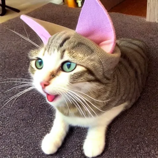 Image similar to cute cat photo, wearing wool hat, tongue mlem, cat ears