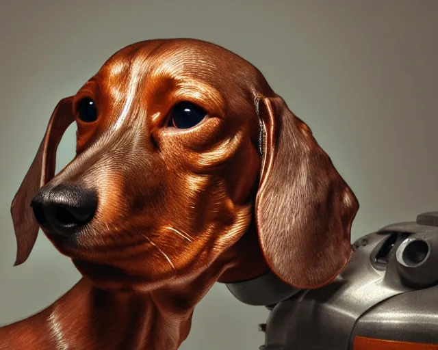 Prompt: dachshund robot, portrait, head, mechanical, machine, octane render, concept art, sharp focus, hyper - realistic, intricate, detailed, eduard pronin, luka mivsek, ruan jia