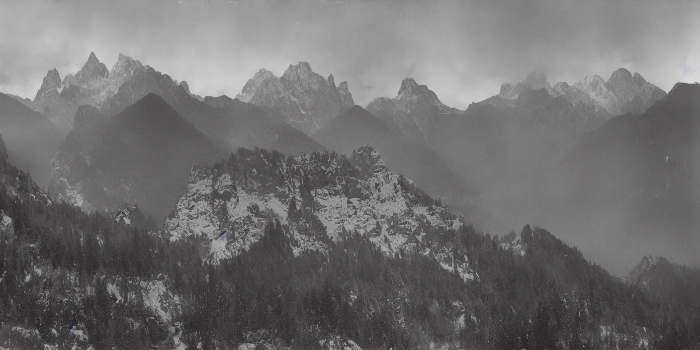 Prompt: dark tyrolean valley with foggy dolomites in background photographed from the valley, 3 5 mm, dark, eerie, 1 9 2 0 s ghost photography