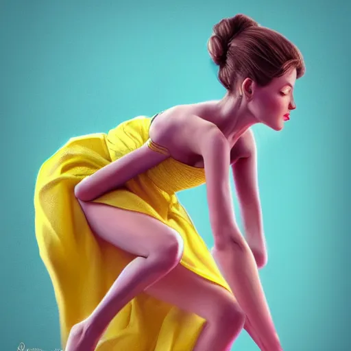 Image similar to a photo of a woman wearing a yellow dress with one leg exposed, the woman is barefoot, detailed body structure, detailed face with pink lips and blue eyes, digital art, highly detailed, high contrast, beautiful lighting, award winning, trending on art station, 8 k,