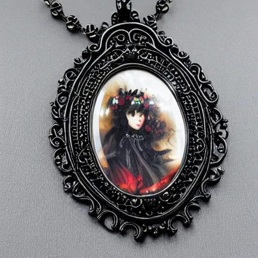 Prompt: semi - realistic gothic style big necklace with rococo ornamental bezel and a pendant of a dark style vampiress artistic necklace
