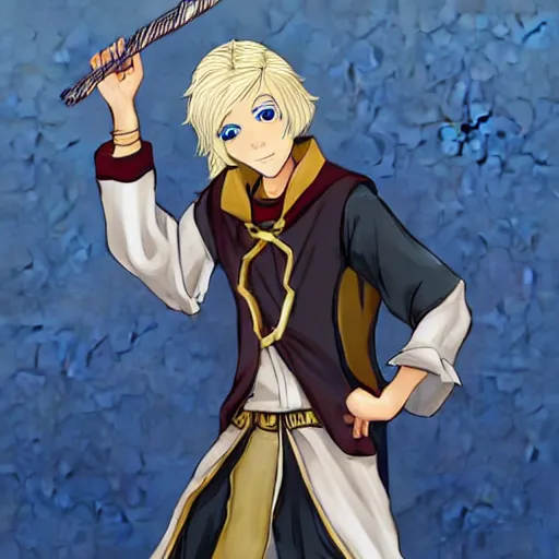 Image similar to young blonde boy fantasy thief, farseer trilogy style, anime style