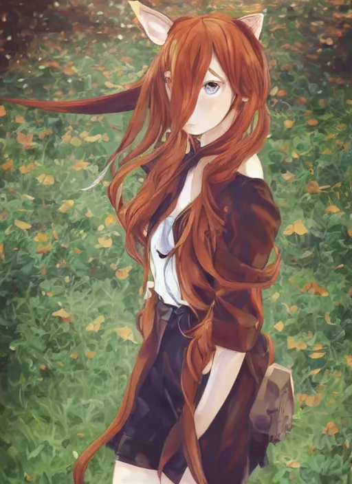 Image similar to portrait painting by shigenori soejima, beautiful girl, fox ears, focus on face, forest background, pretty, cinematic lighting, painterly, long wavy orange hair, light brown trenchcoat