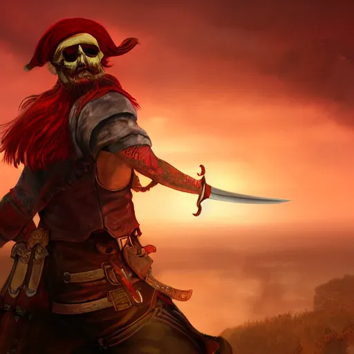 Image similar to A red headed sky-pirate with pistol and sword, epic fantasy, dreamscape maximized, cinematic lighting, fantasy art illustration, trending on Artstation