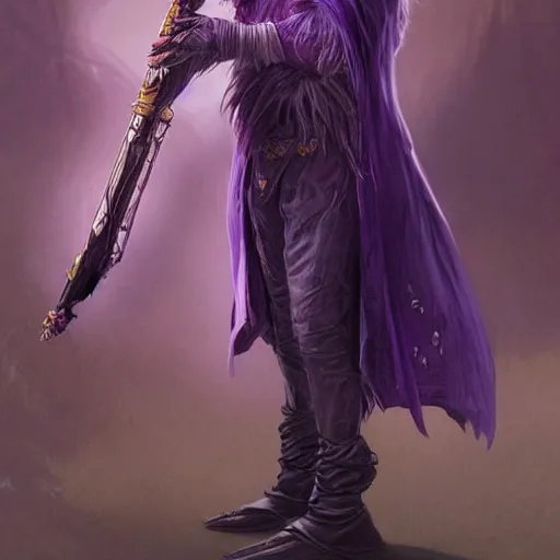 Prompt: Epic Raven Person Kenku bard with a flute, wearing a purple frock coat, D&D, fantasy, highly detailed, digital painting, artstation, smooth, sharp focus, illustration, art by artgerm and greg rutkowski and alphonse mucha